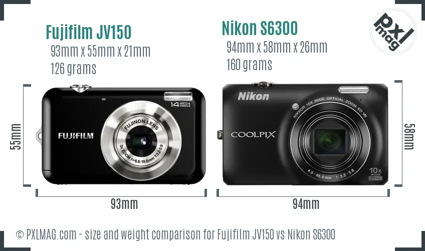 Fujifilm JV150 vs Nikon S6300 size comparison