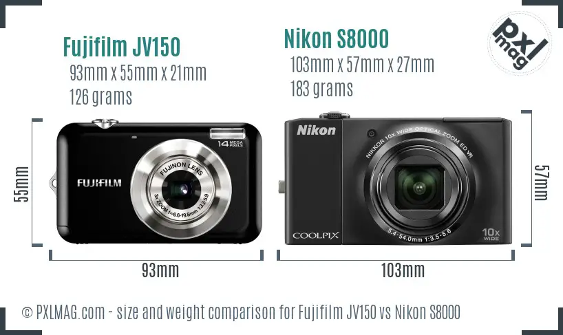 Fujifilm JV150 vs Nikon S8000 size comparison