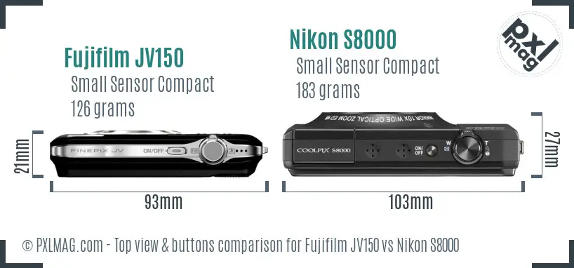 Fujifilm JV150 vs Nikon S8000 top view buttons comparison