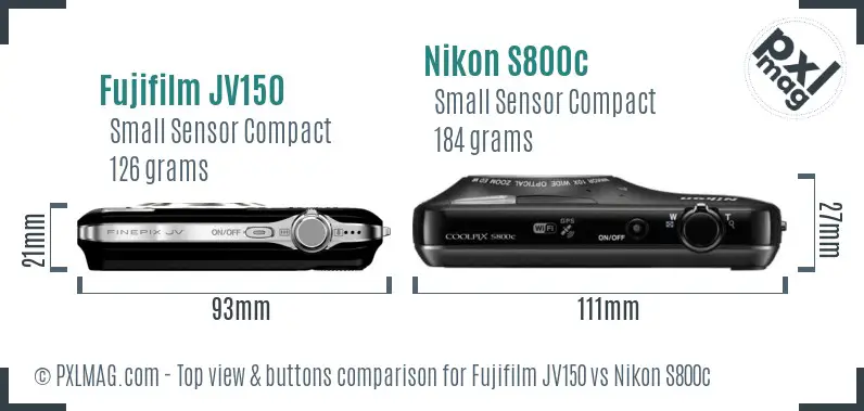 Fujifilm JV150 vs Nikon S800c top view buttons comparison