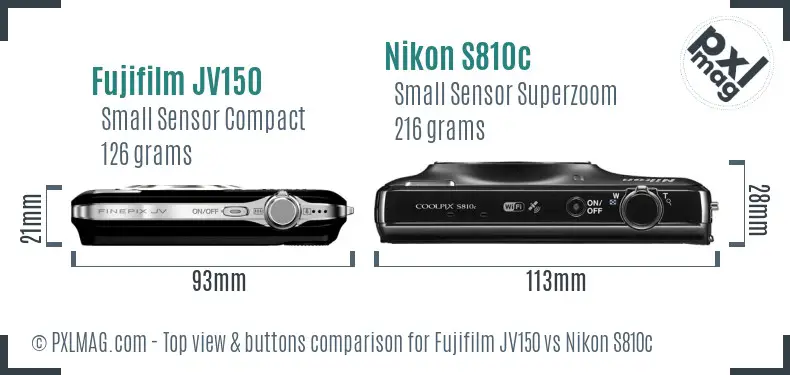 Fujifilm JV150 vs Nikon S810c top view buttons comparison Fujifilm JV150 vs Nikon S810c top view buttons comparison