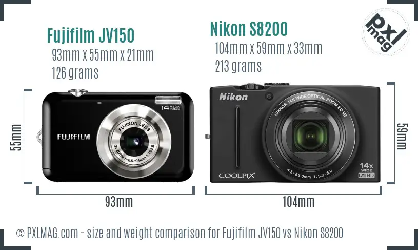 Fujifilm JV150 vs Nikon S8200 size comparison