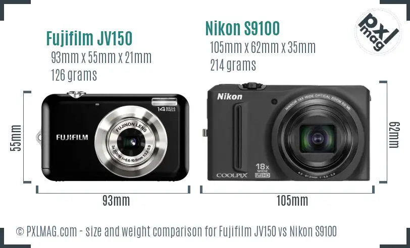 Fujifilm JV150 vs Nikon S9100 size comparison Fujifilm JV150 vs Nikon S9100 size comparison