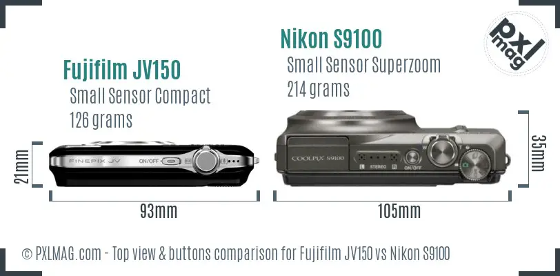 Fujifilm JV150 vs Nikon S9100 top view buttons comparison Fujifilm JV150 vs Nikon S9100 top view buttons comparison