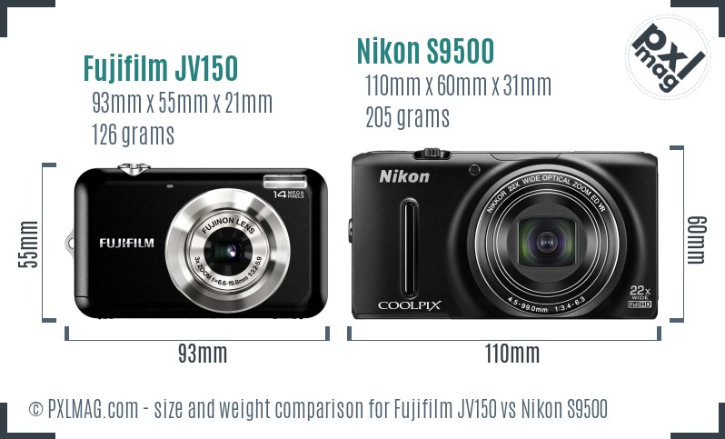 Fujifilm JV150 vs Nikon S9500 size comparison