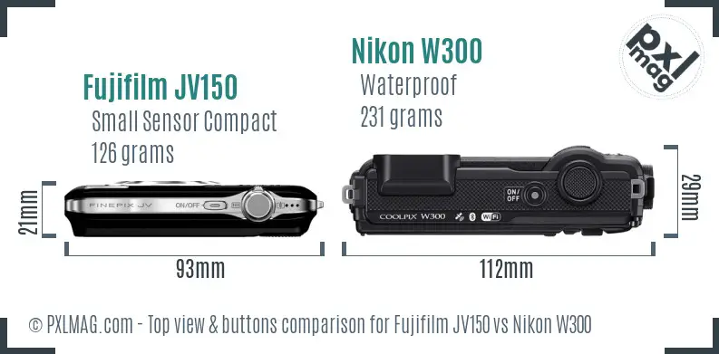 Fujifilm JV150 vs Nikon W300 top view buttons comparison