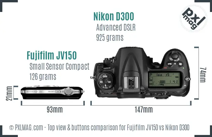 Fujifilm JV150 vs Nikon D300 top view buttons comparison