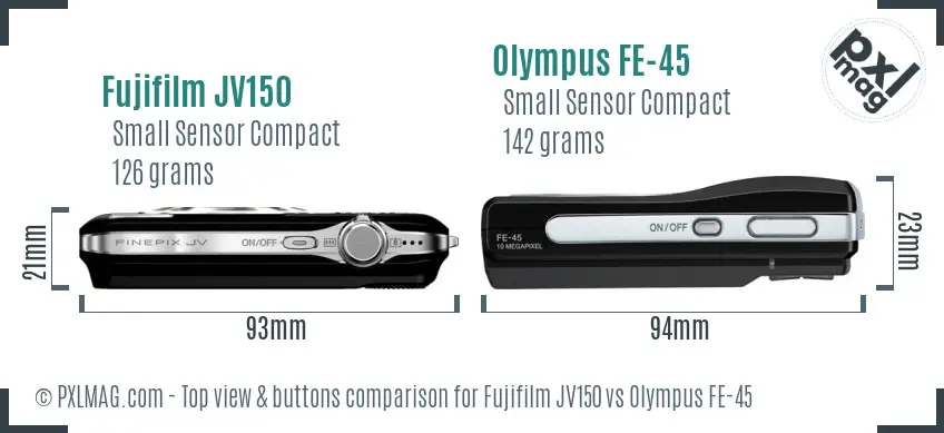 Fujifilm JV150 vs Olympus FE-45 top view buttons comparison Fujifilm JV150 vs Olympus FE-45 top view buttons comparison