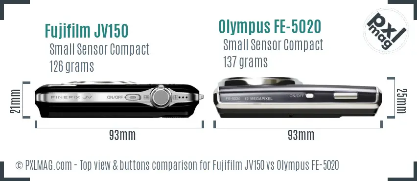 Fujifilm JV150 vs Olympus FE-5020 top view buttons comparison