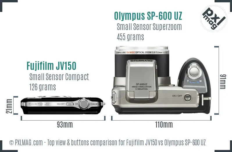 Fujifilm JV150 vs Olympus SP-600 UZ top view buttons comparison