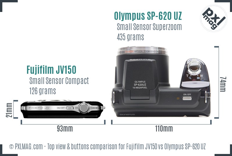Fujifilm JV150 vs Olympus SP-620 UZ top view buttons comparison