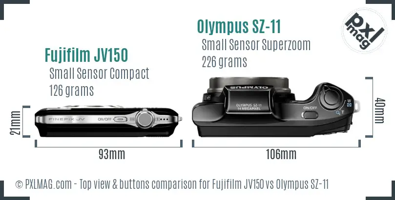 Fujifilm JV150 vs Olympus SZ-11 top view buttons comparison