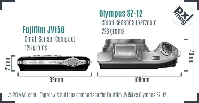 Fujifilm JV150 vs Olympus SZ-12 top view buttons comparison