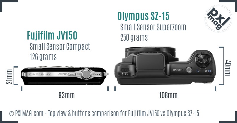 Fujifilm JV150 vs Olympus SZ-15 top view buttons comparison