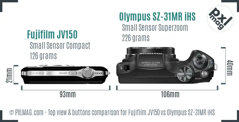 Fujifilm JV150 vs Olympus SZ-31MR iHS top view buttons comparison