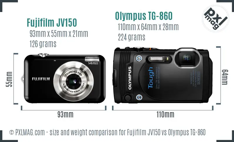Fujifilm JV150 vs Olympus TG-860 size comparison