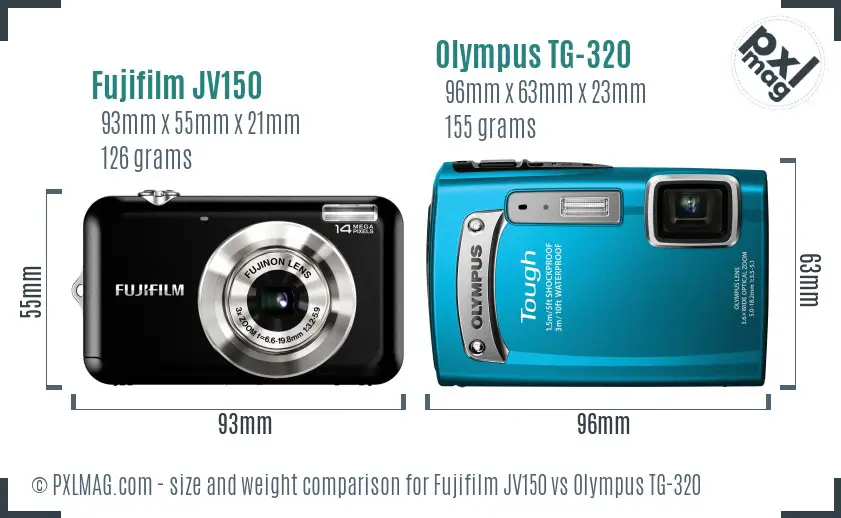 Fujifilm JV150 vs Olympus TG-320 size comparison