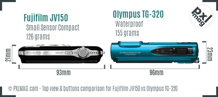 Fujifilm JV150 vs Olympus TG-320 top view buttons comparison