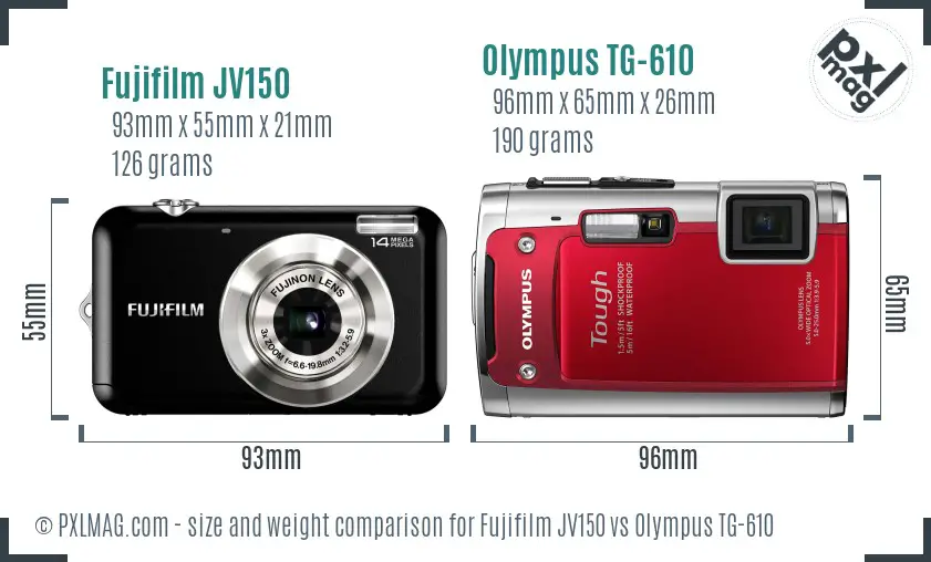 Fujifilm JV150 vs Olympus TG-610 size comparison