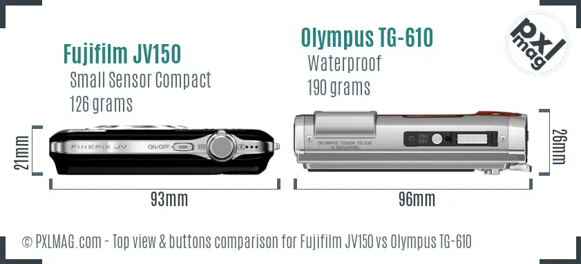 Fujifilm JV150 vs Olympus TG-610 top view buttons comparison