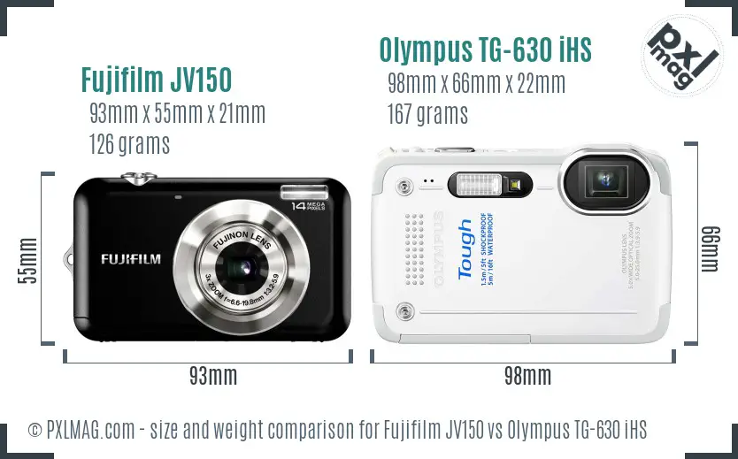Fujifilm JV150 vs Olympus TG-630 iHS size comparison
