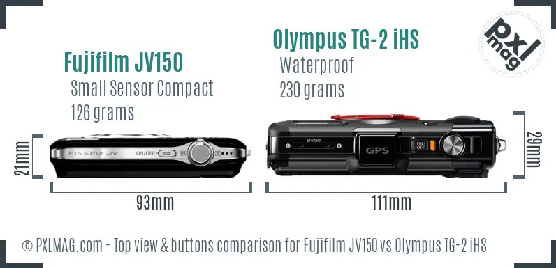Fujifilm JV150 vs Olympus TG-2 iHS top view buttons comparison Fujifilm JV150 vs Olympus TG-2 iHS top view buttons comparison