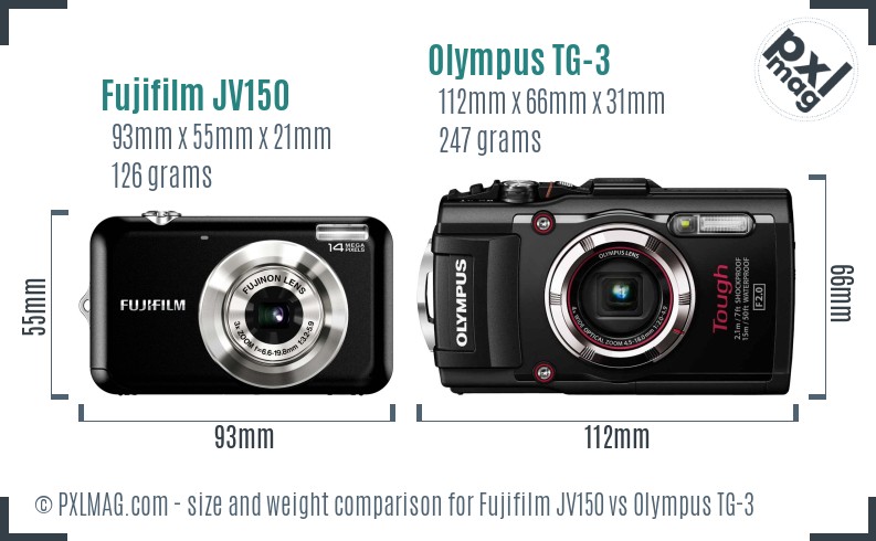 Fujifilm JV150 vs Olympus TG-3 size comparison
