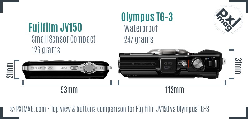Fujifilm JV150 vs Olympus TG-3 top view buttons comparison