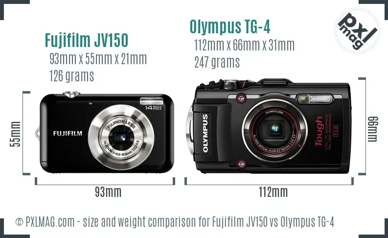 Fujifilm JV150 vs Olympus TG-4 size comparison