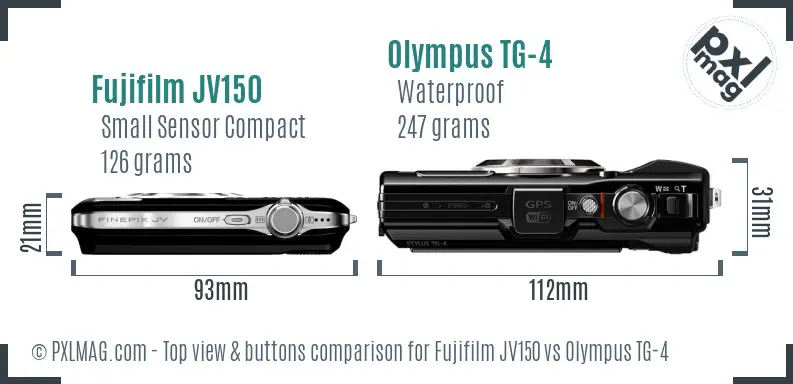 Fujifilm JV150 vs Olympus TG-4 top view buttons comparison