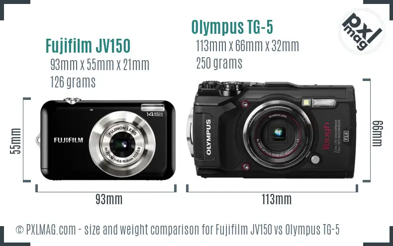 Fujifilm JV150 vs Olympus TG-5 size comparison