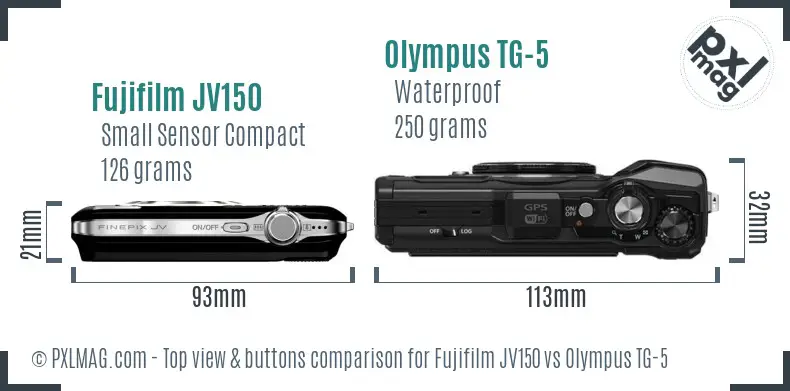 Fujifilm JV150 vs Olympus TG-5 top view buttons comparison