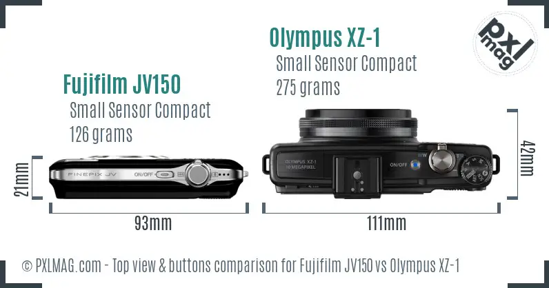 Fujifilm JV150 vs Olympus XZ-1 top view buttons comparison