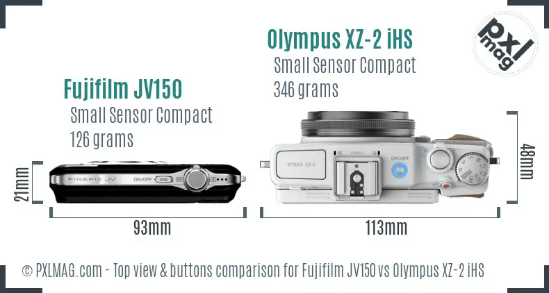 Fujifilm JV150 vs Olympus XZ-2 iHS top view buttons comparison