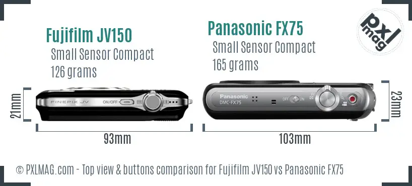 Fujifilm JV150 vs Panasonic FX75 top view buttons comparison Fujifilm JV150 vs Panasonic FX75 top view buttons comparison