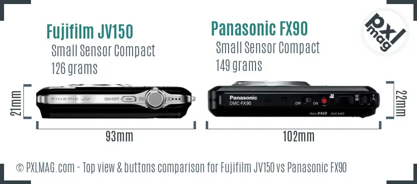 Fujifilm JV150 vs Panasonic FX90 top view buttons comparison Fujifilm JV150 vs Panasonic FX90 top view buttons comparison