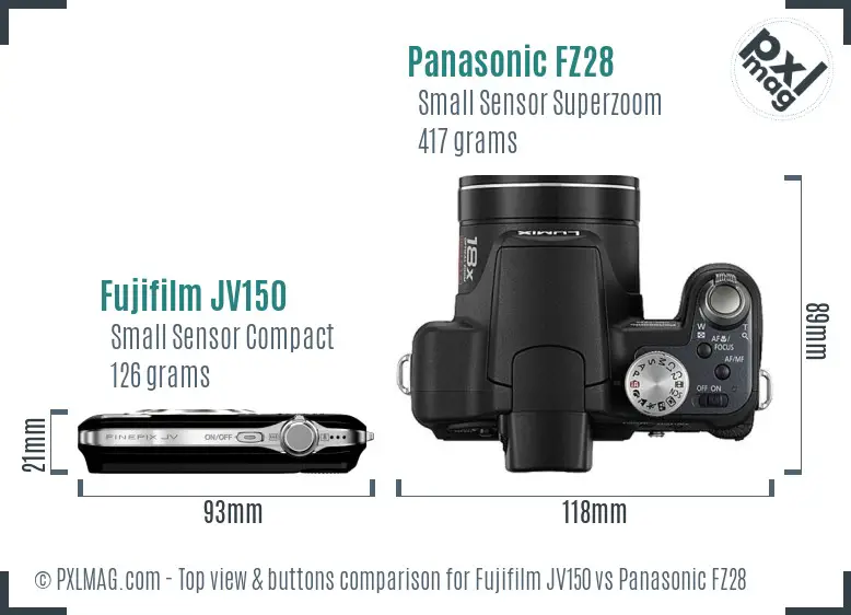 Fujifilm JV150 vs Panasonic FZ28 top view buttons comparison Fujifilm JV150 vs Panasonic FZ28 top view buttons comparison
