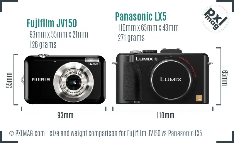 Fujifilm JV150 vs Panasonic LX5 size comparison