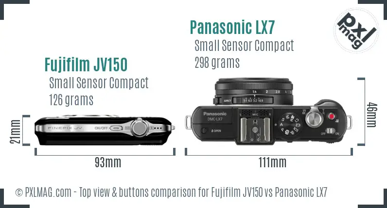 Fujifilm JV150 vs Panasonic LX7 top view buttons comparison Fujifilm JV150 vs Panasonic LX7 top view buttons comparison