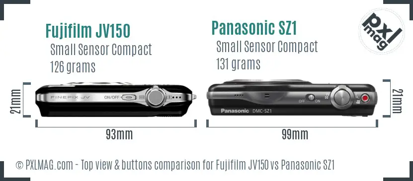Fujifilm JV150 vs Panasonic SZ1 top view buttons comparison Fujifilm JV150 vs Panasonic SZ1 top view buttons comparison
