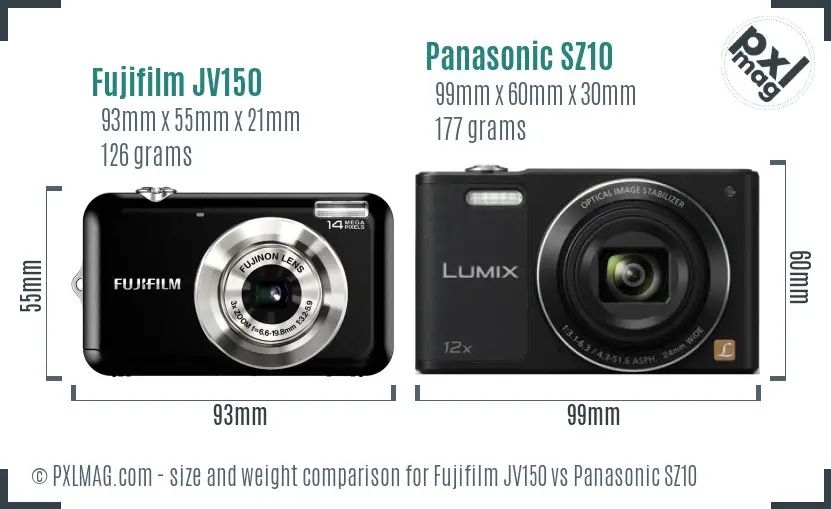 Fujifilm JV150 vs Panasonic SZ10 size comparison