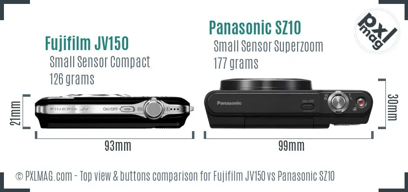 Fujifilm JV150 vs Panasonic SZ10 top view buttons comparison