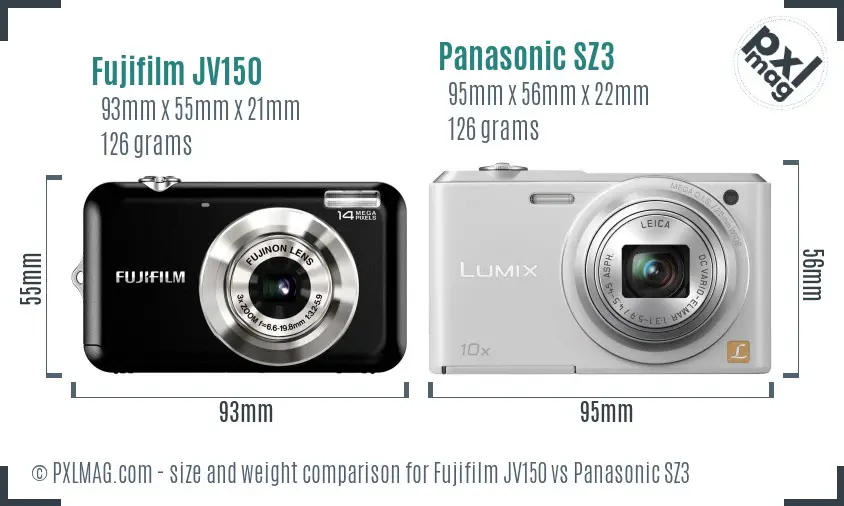 Fujifilm JV150 vs Panasonic SZ3 size comparison