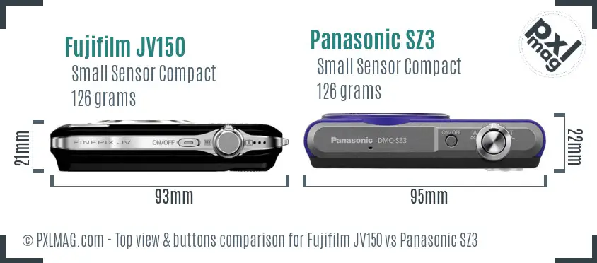 Fujifilm JV150 vs Panasonic SZ3 top view buttons comparison