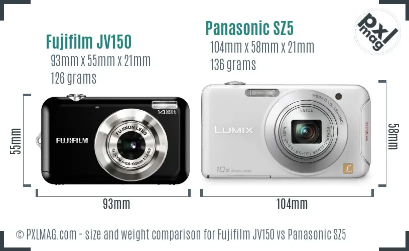 Fujifilm JV150 vs Panasonic SZ5 size comparison Fujifilm JV150 vs Panasonic SZ5 size comparison