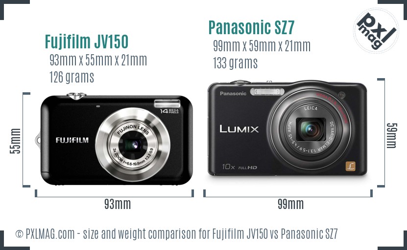 Fujifilm JV150 vs Panasonic SZ7 size comparison