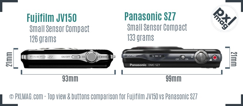 Fujifilm JV150 vs Panasonic SZ7 top view buttons comparison