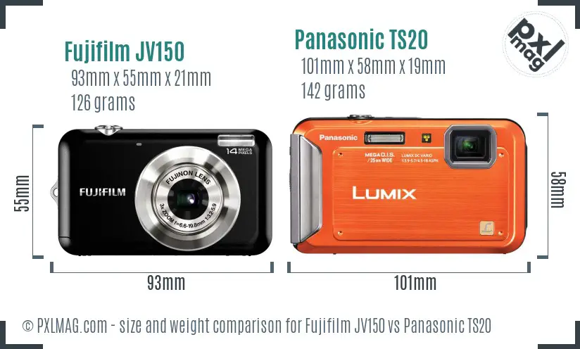 Fujifilm JV150 vs Panasonic TS20 size comparison