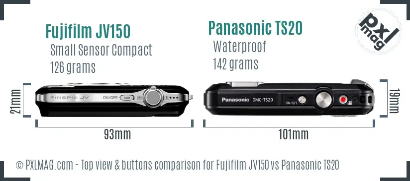 Fujifilm JV150 vs Panasonic TS20 top view buttons comparison