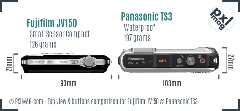 Fujifilm JV150 vs Panasonic TS3 top view buttons comparison